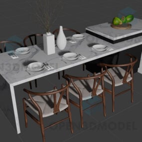 Marble Dining Table With Bowl Of Fruit 3d model