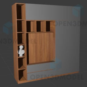 Drewniana szafka z półką i małą dekoracją statuy Model 3D