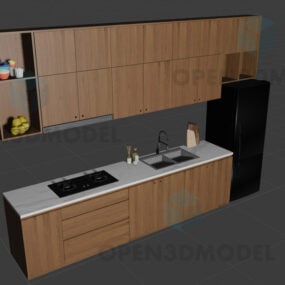 Puinen keittiökaappi, valkoinen toppi, jossa pesuallas ja jääkaappi 3d-malli