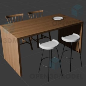 3д модель барного стола, барного стула и тарелки с едой