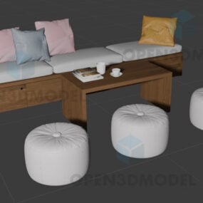 3д модель гостиной с широким диваном, журнальным столиком и пуфиками