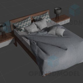3д модель реалистичной кровати с одеялами, подушками, тумбочкой и лампой