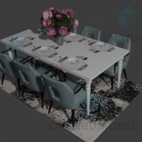 שולחן אוכל עם אגרטל פרחים סט של דיסק מזון דגם תלת מימד