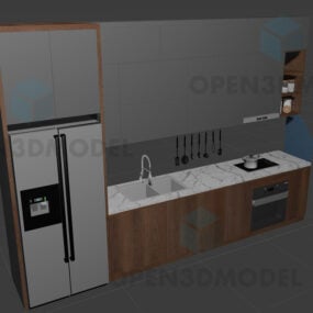 Modernt köksskåp, diskbänk, med sida vid sida kylskåp 3d-modell