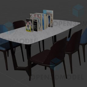 Stół do jadalni z marmurowym blatem z krzesłami i książką Model 3D