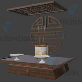 Aasian uskonto -hyllypöytä, jossa on maljakkoruukku 3d-malli