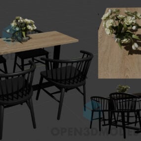 שולחן קפה עם כיסאות שחורים ועציץ אגרטל פרחים דגם תלת מימד