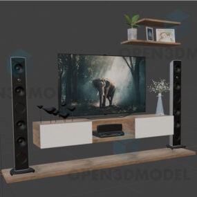 Tv On Wooden Shelf With Vase Pot Plant 3d model