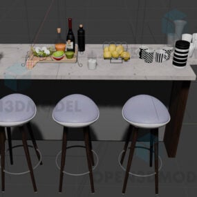 Comptoir de bar de cuisine avec tabourets, ensemble de nourriture et bouteille de vin modèle 3D