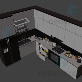 3д модель кухонного шкафа угловой Г-образной формы с холодильником