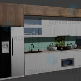 Mueble de cocina con refrigerador y fregadero negro modelo 3d