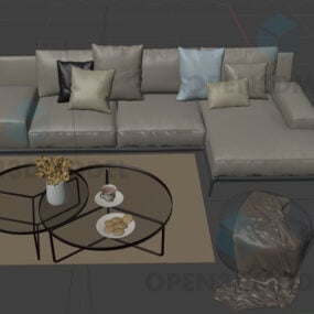 ספת עור בסלון עם שטיח ספה ושולחן קפה דגם תלת מימד