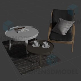 Niskie krzesło i dwa okrągłe stoły z filiżanką kawy Model 3D