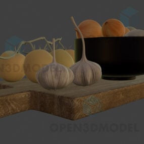 Frutas e cebola, alho na tábua de corte Modelo 3D