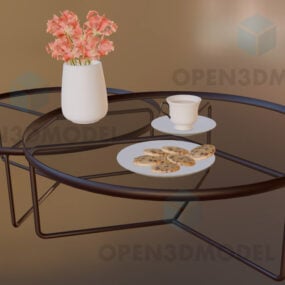 שולחן קפה עגול מזכוכית עם צלחת עוגיות דגם תלת מימד