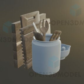 Kjøkkenutstyr i kopp med skjærebrett 3d-modell