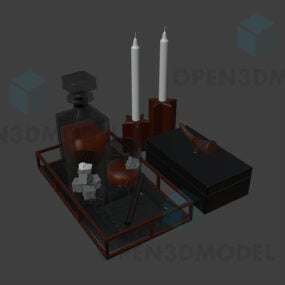 صينية مع شمعة، كوب زجاجي مع ثلج، زجاجة عطر نموذج ثلاثي الأبعاد
