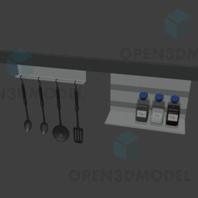 Prateleira de parede de cozinha com utensílio, colher e jarra Modelo 3D