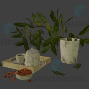 3д модель маленького растения в керамике с чайником на подносе