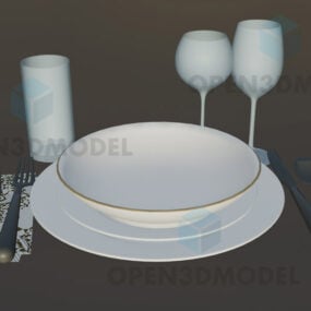Porselensfat med vinglass, tallerkener og bestikk 3d-modell