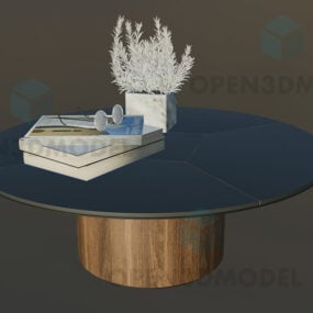 圆形咖啡桌，黑色大理石台面，带书花瓶3d模型