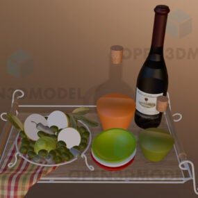 Wijnfles met bord fruit 3D-model
