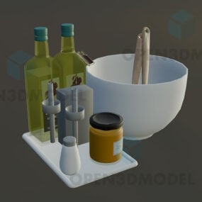 Skål med sked, köksburk flaskuppsättning 3d-modell
