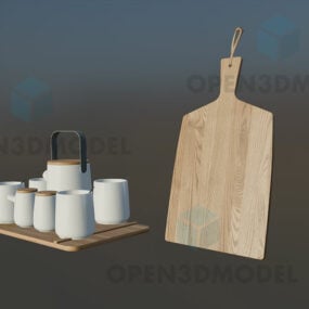 Drewniana deska do krojenia, zestaw filiżanek, dzbanek na herbatę Model 3D