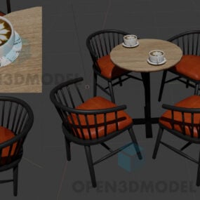 طاولة قهوة مستديرة مع اربعة كراسي وفنجان قهوة نموذج ثلاثي الأبعاد