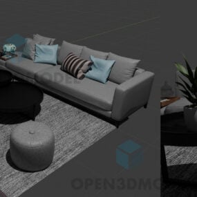 סט של ספה מציאותית על שטיח עם שולחן קפה עגול דגם 3D