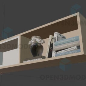 Enkel hylde med bøger og glasvase inde i 3d-model