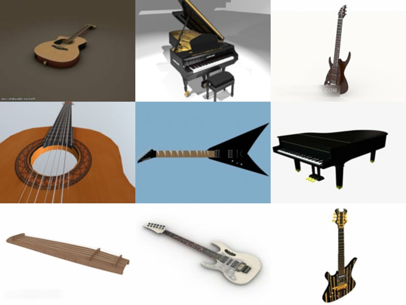 12 muziekinstrumentgitaar, piano Gratis 3D-modellen, april 2024