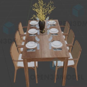 Drewniany stół do jadalni z wazonem na kwiaty i zestawem talerzy z jedzeniem Model 3D